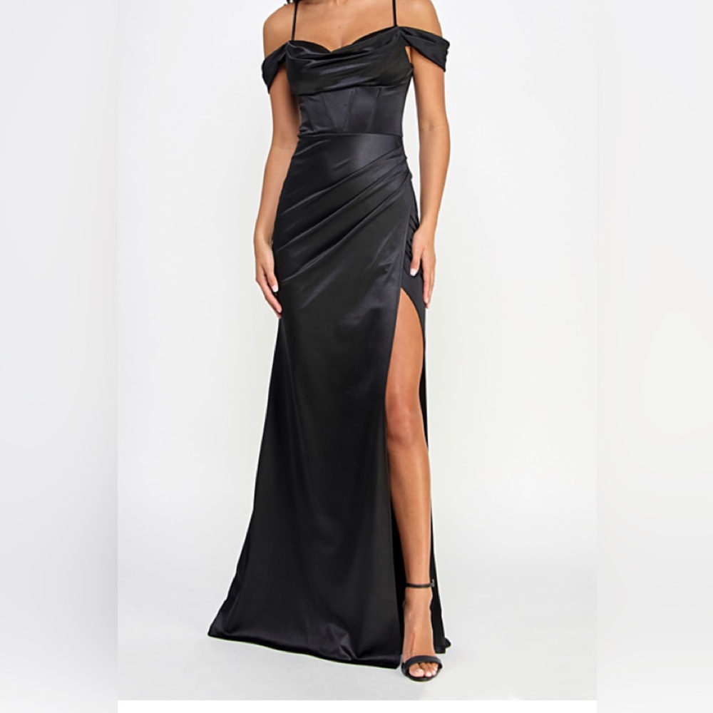 b darlin Juniors' Cowl-Neck High-Slit Boned-Bodice Gown